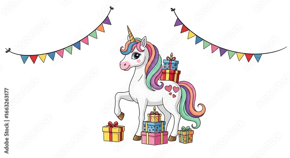 Naklejka premium Cartoon unicorn standing near stacked gifts, with colorful pennant banners above.