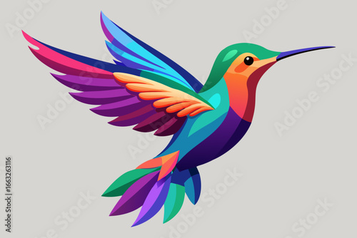 Vibrant geometric hummingbird in flight with rainbow plumage