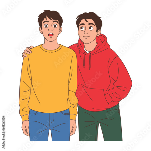 Curious Companion: Two young men, one in a vibrant yellow sweater and the other in a striking red hoodie, share a moment of friendship and intrigue.