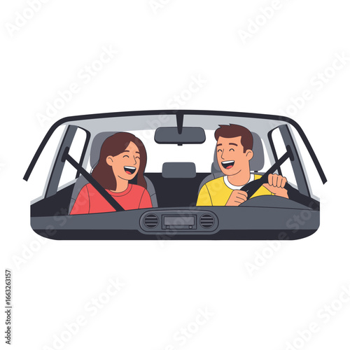 Joyful Journey: Capture the simple pleasure of shared laughter in a car, as two companions embark on an exciting adventure, embracing the open road together.