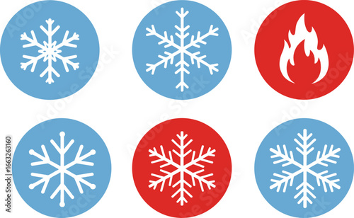 Snowflake icon set, fire symbol, heating and cooling design, temperature control illustration, HVAC elements, hot and cold weather