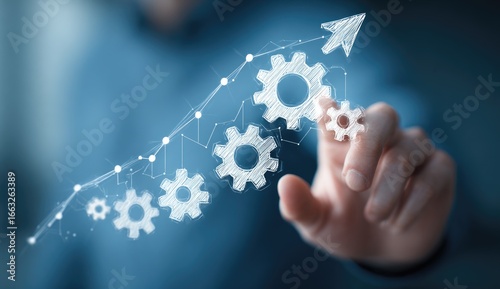 Upward trending graph with interconnected gears, symbolizing growth and efficiency