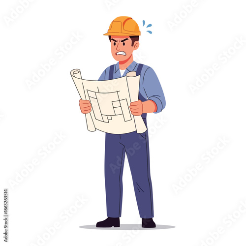 Construction Frustration: A construction worker, dressed in workwear and a hard hat, reviews blueprints with a look of frustration and confusion on his face.