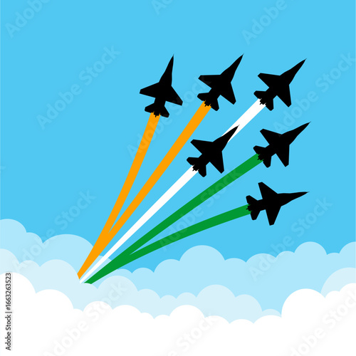 fighter jets flying in colorful sky formation vector illustration