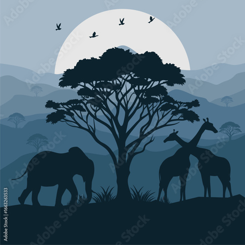 african savanna animals and tree landscape silhouette