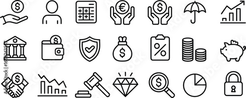 Finance icons, banking and investment, money security, savings, accounting, economic growth, business analysis, currency exchange, wealth management, flat vector illustration