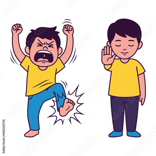 Conflict and Resolution: Depicting a child consumed by anger and another exhibiting calmness in a vibrant illustration, highlighting emotional dynamics
