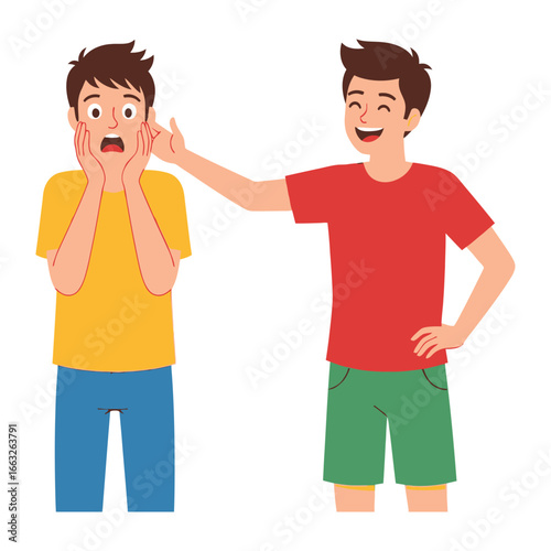 A Playful Surprise: A depiction of two male figures, one of them wears a look of shock, while the other playfully teases him, and the playful interaction captures a moment of mischief, friendship.