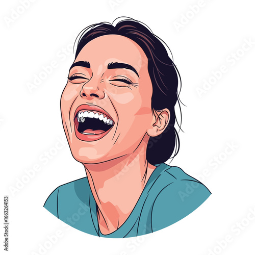Joyful Expression: A vibrant illustration captures the essence of pure joy through a radiant smile. A woman exudes happiness with her eyes closed in laughter.
