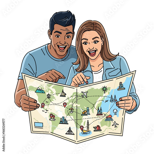 Dreamy World Map: A happy couple, beaming with excitement, leans over a vibrantly illustrated world map, tracing their next global adventure, dreaming of discovery and memorable moments.