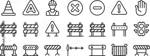 Construction safety icons, traffic cones, barriers, warning signs, road work, worker, stop hand, danger, traffic light, flat vector illustration