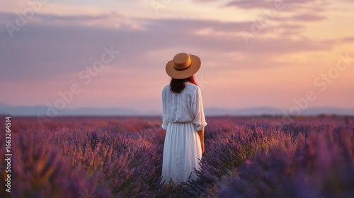 woman watching sunset in lavender field seeking peace and serenity