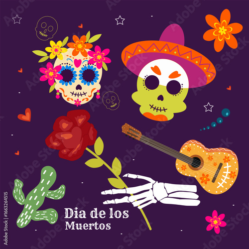 Dia de los Muertos vector set. Colorful sugar skulls, guitar, cactus and  skeleton hand. Traditional Mexican Day of the Dead illustration for festive designs.
