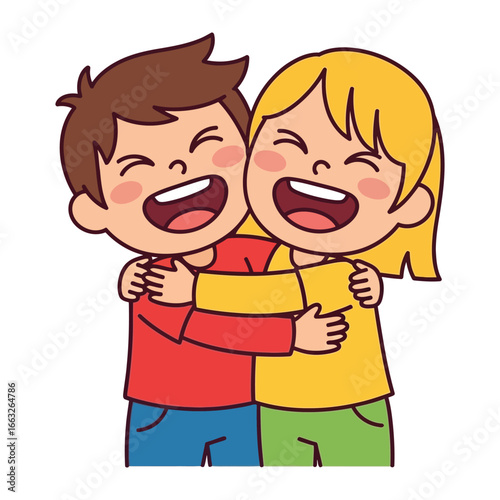 Joyful Friendship: Two children share a warm embrace, their faces alight with happiness. This scene captures the pure essence of friendship.