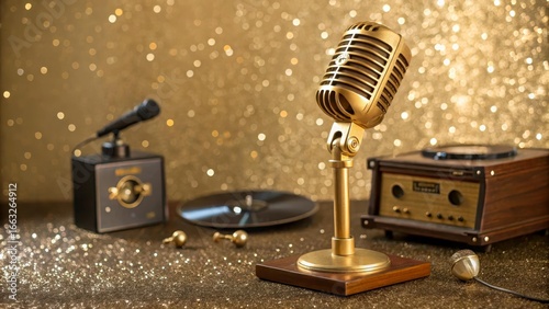 Vintage gold microphone against shining lights. Elegant symbol of music industry and voice broadcasting. Perfect for podcast, retro and stage themes.