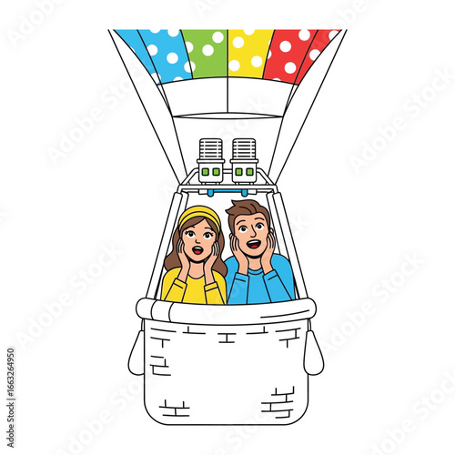 Ballooning Adventure: A couple embarks on an extraordinary journey into the sky within a vibrantly colored hot air balloon. They are full of wonder. 