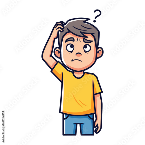 Confusion's Dilemma: A cartoon person, with an inquisitive gaze and a thoughtful hand on their head. Embodying an air of perplexity and contemplation, with a question mark hovering overhead.
