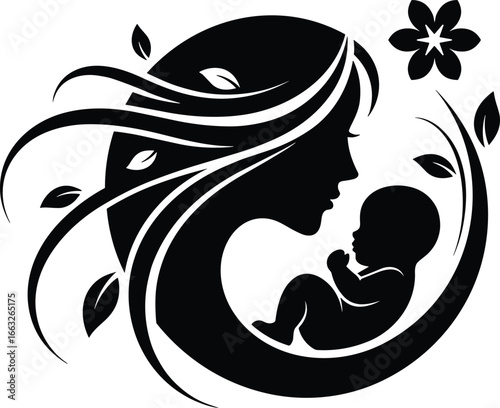 Mother and child silhouette, nature inspired illustration, nurturing bond concept, black and white vector, floral hair design, circular composition, emotional connection