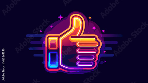 Neon Thumbs Up Sign: Positive Feedback, Approval, Social Media Icon, Purple and Orange Glow, Dark Background.