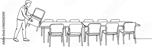 Line drawing depicting a man arranging chairs around a conferenc
