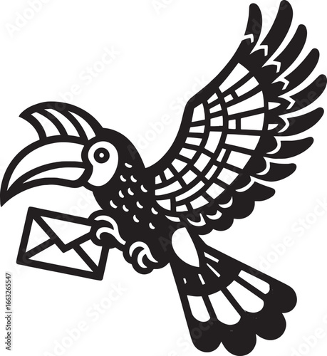 A stylized black and white toucan bird carrying an envelope representing postal delivery