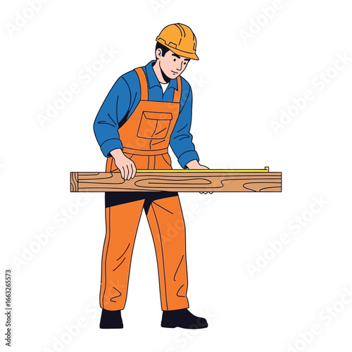 Precision in Action: A construction worker meticulously measures a piece of wood, showcasing focus and expertise in a realm of craftsmanship, creating a picture of skillful industry.
