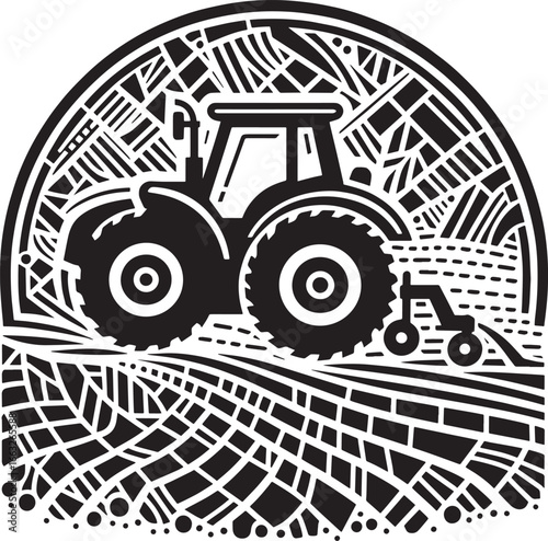 Black and white illustration of a tractor plowing a field with an abstract design element