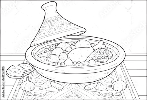 Detailed line drawing of traditional Moroccan chicken tagine wit