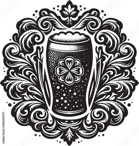 St Patrick's Day themed black and white illustration of a beer pint with floral embellishments