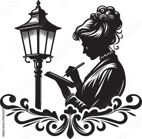 Elegant Silhouette of a Woman Writing by a Lamp Post, Victorian Era Illustration