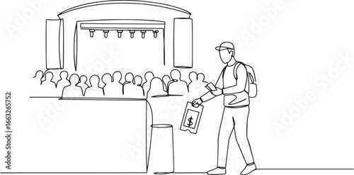 Continuous line drawing illustrating ticket reselling outside ev