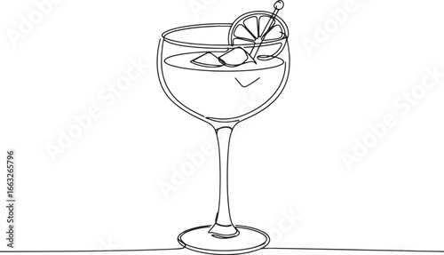 Single line illustration of a cocktail glass with citrus, minima