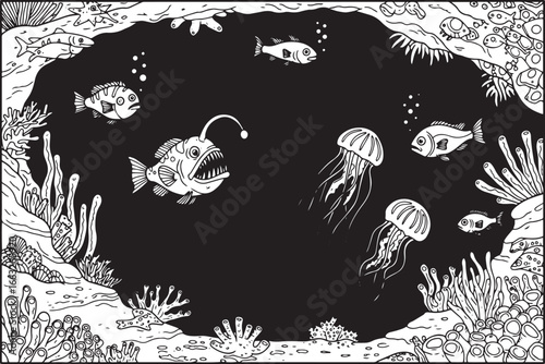 Intricate monochrome undersea scene featuring diverse marine lif