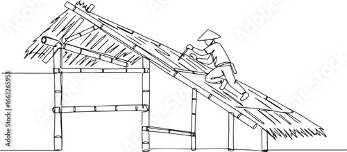 Single continuous line drawing of a man repairing bamboo hut str