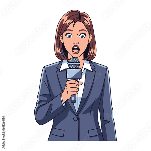 Breaking News: A dynamic illustration captures a captivating woman reporter conveying essential news with professional elegance, holding microphone.