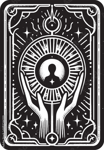 Intricate black and white illustration of tarot card with hands holding a sphere and a silhouette