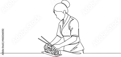 Elegant line drawing of a sushi chef crafting authentic Japanese