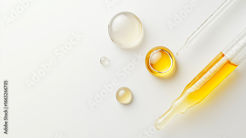 High-quality image of essential oils in dropper and droplets on a white background, perfect for skincare themes.