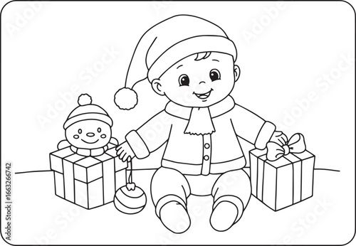 Adorable outline illustration featuring a festive baby surrounde
