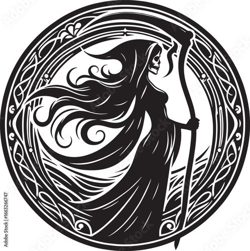 Intricate Black and White Illustration of the Grim Reaper in a Decorative Circular Frame