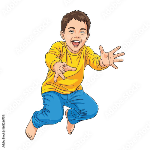 Joyful leap: A vibrant and cheerful illustration of a young child mid-jump, exuding pure happiness and excitement. His arms outstretched in a welcoming embrace.
