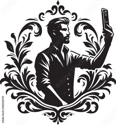 Stylish Silhouette of a Man Taking a Selfie with Decorative Floral Frame Design