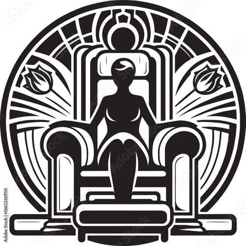 Illustration of a female figure sitting on a throne inside a decorative circular frame