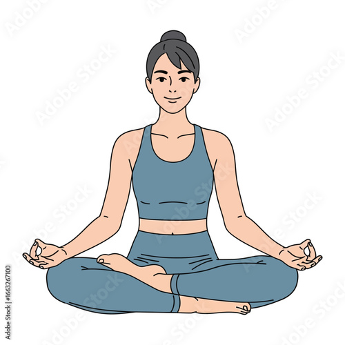 Meditative Serenity: A woman, captured in an illustration, embodies tranquility in a serene yoga pose, her focus directed inward as she seeks balance and inner peace.