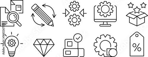 Product development icons, creativity innovation design, business process improvement, idea generation, market strategy, quality assurance, brand value, software engineering illustration, flat vector