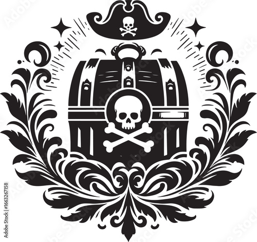 Intricate Black and White Pirate Treasure Chest Illustration with Decorative Elements