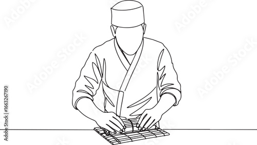 Elegant line art depicting a sushi chef meticulously crafting a