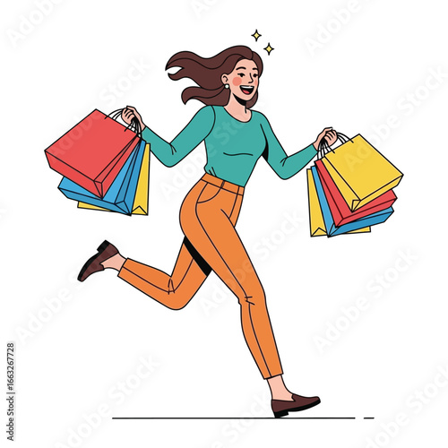 Shopping Spree Euphoria: A dynamic illustration captures a happy woman bursting with joy, enthusiastically carrying colorful shopping bags after a satisfying purchase.