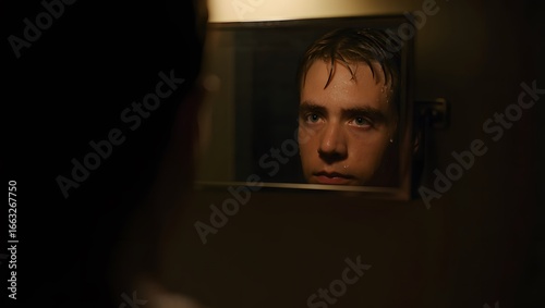 Young Man Reflecting in Mirror Wet Hair Dark Mood