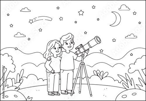 Charming coloring page of a couple stargazing together with a te